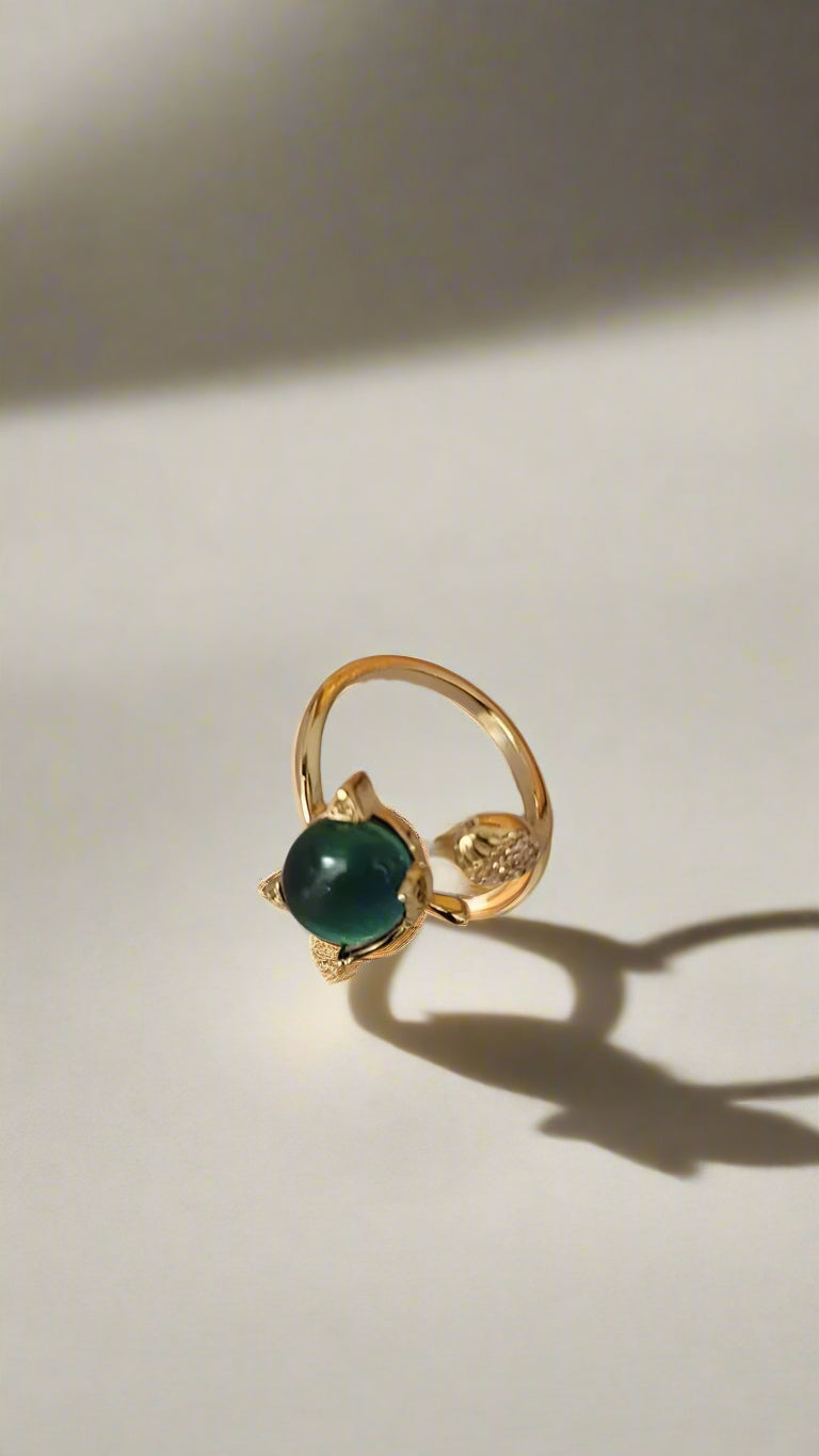 Mystic Blue Stone Cat Ring – Gold Finish