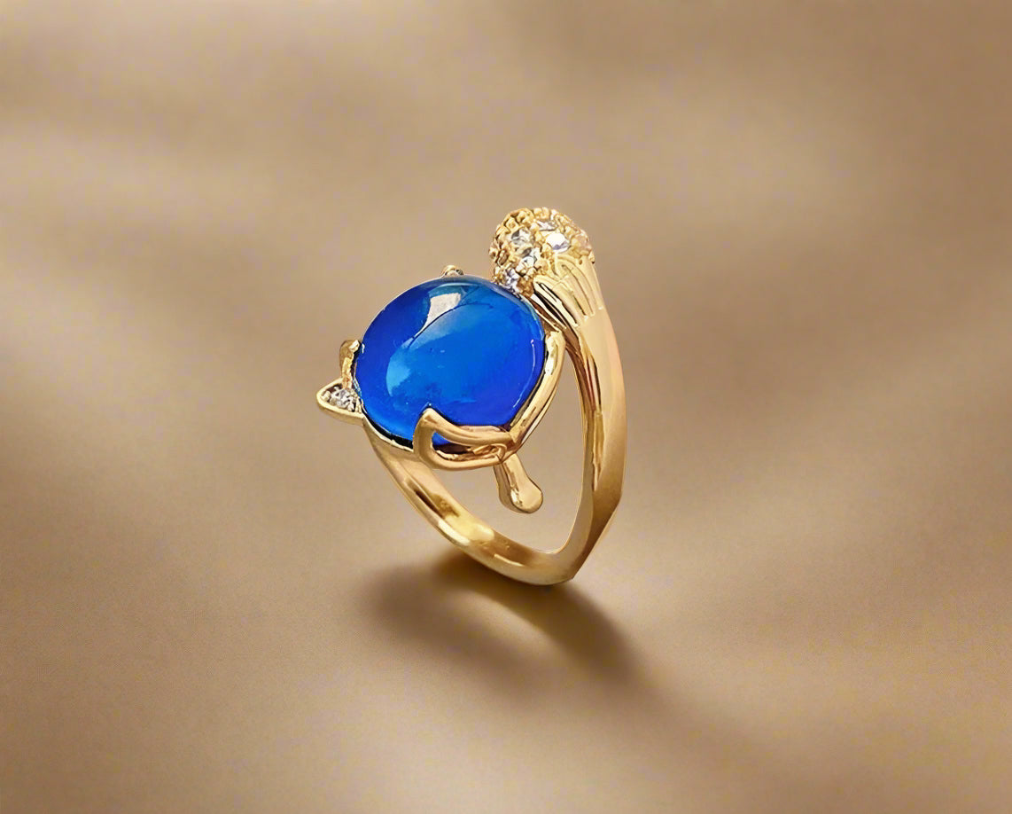 Mystic Blue Stone Cat Ring – Gold Finish