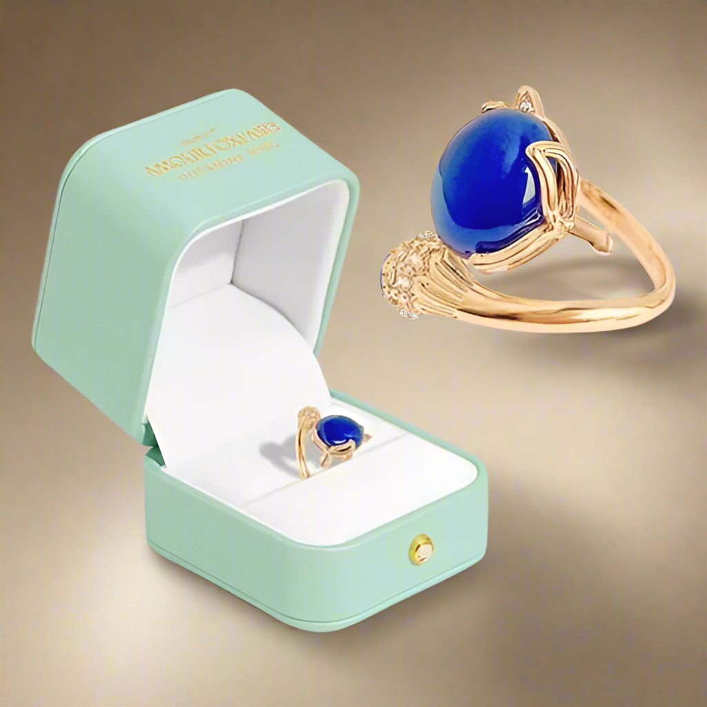 Mystic Blue Stone Cat Ring – Gold Finish